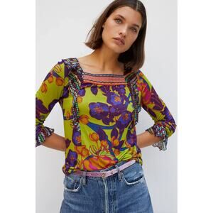 Anthropologie Blink London Top Sz XS Purple Floral Ruffled Artsy Boho Cottage